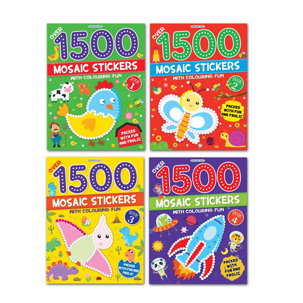 Dreamland 1500 Mosaic Stickers with Colouring Fun Books Pack - A Set of 4 Books